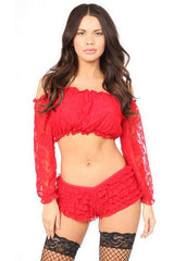 Daisy Corsets Red Lined Lace Long Sleeve Peasant Top