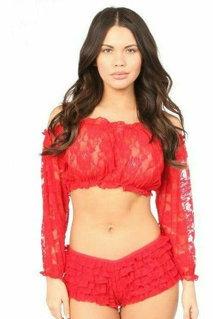 Daisy Corsets Red Sheer Lace Long Sleeve Peasant Top