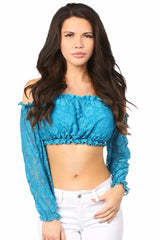 Teal Lined Lace Long Sleeve Peasant Top - Flyclothing LLC