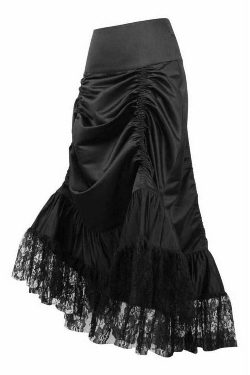 Daisy Corsets Black Satin & Lace Gothic Long Hi Low Bustle Skirt - Flyclothing LLC