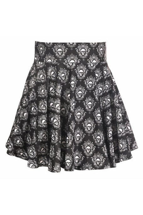 Daisy Corsets Black & White Skulls Stretch Lycra Skirt - Daisy Corsets