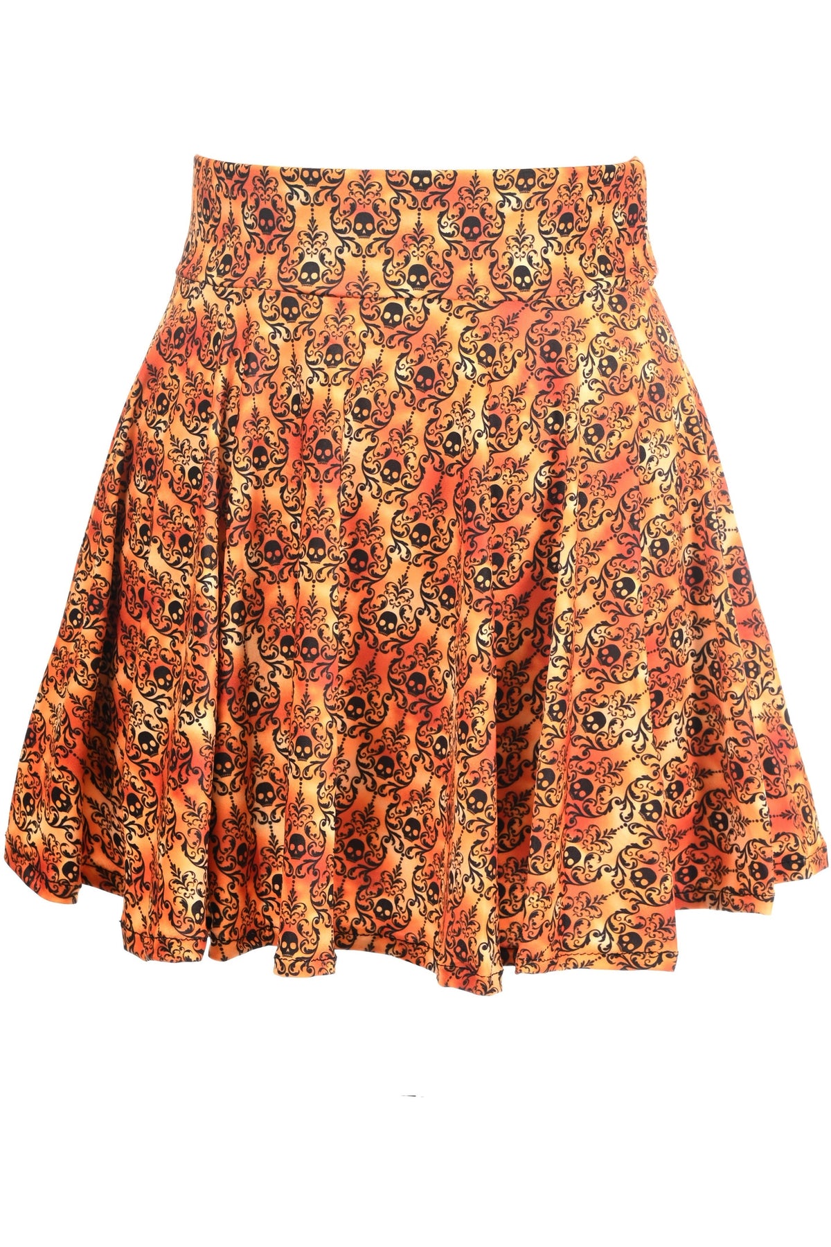 Daisy Corsets Orange Skulls Gothic Print Stretch Lycra Skirt