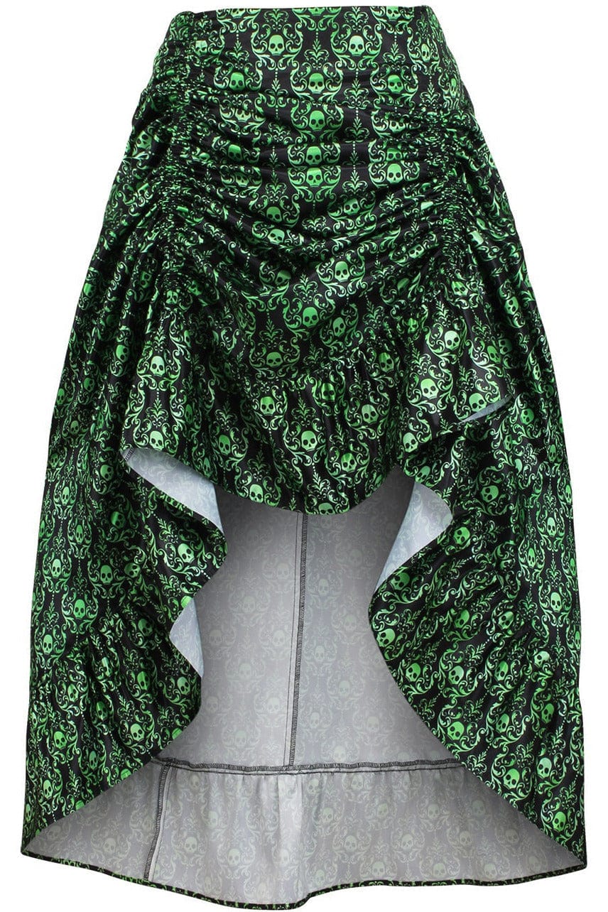 Daisy Corsets Green & Black Skull Satin Adjustable High Low Skirt - 34" Long - Daisy Corsets