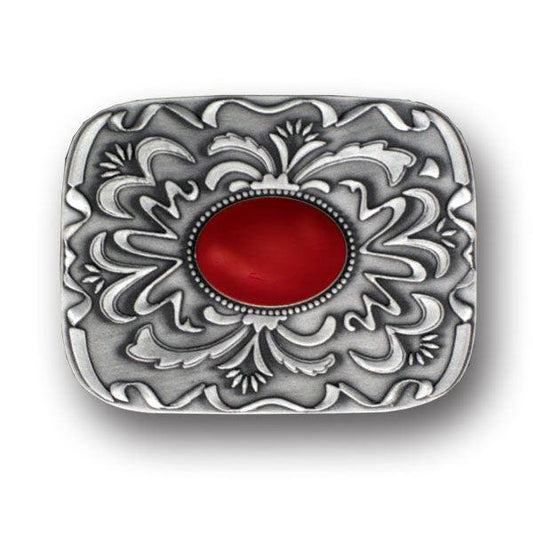 Red Stone with Western Scroll Rhinestone Belt Buckle - Siskiyou Buckle