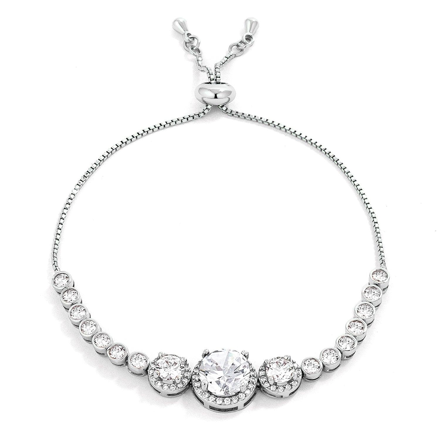 Adjustable Rhodium Plated Graduated Clear CZ Bolo Style Tennis Bracelet - Flyclothing LLC