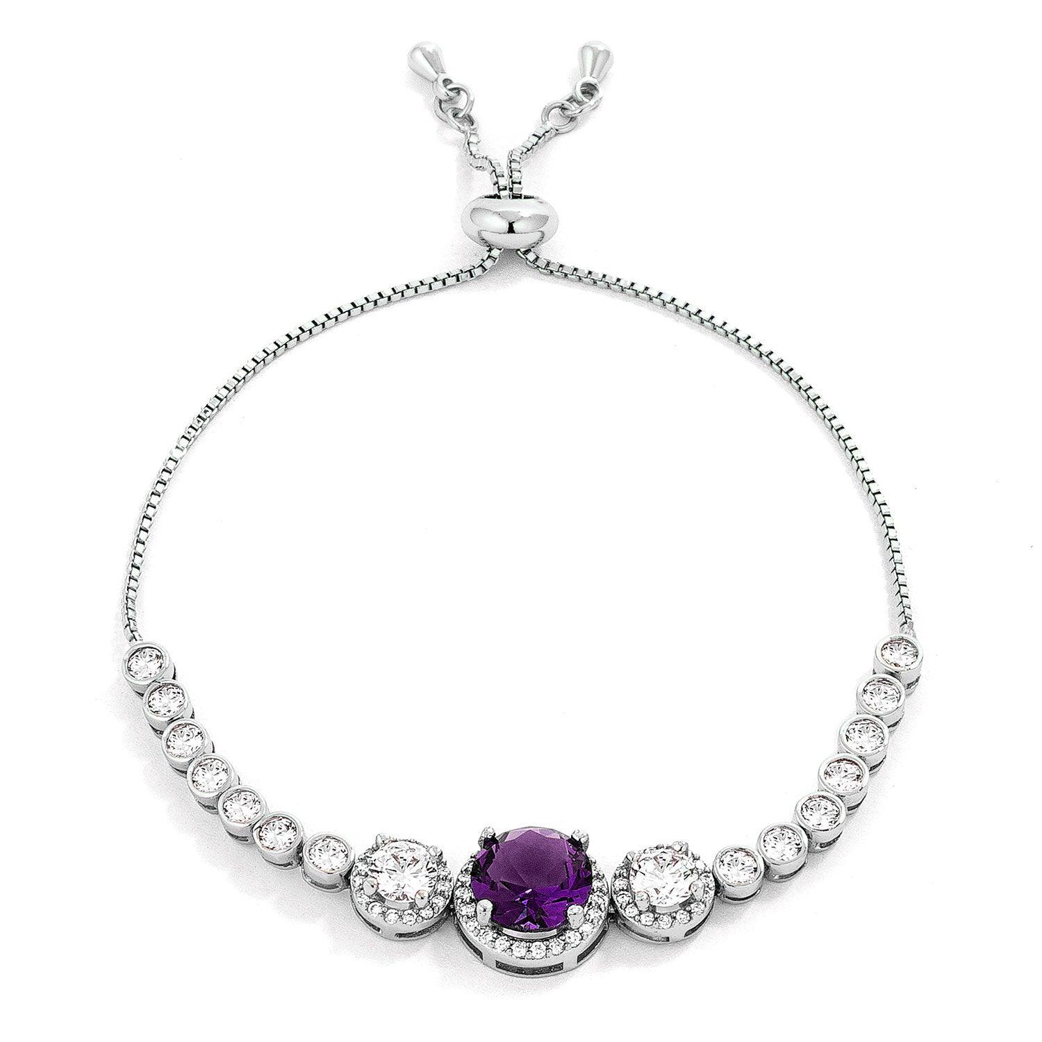 Adjustable Rhodium Plated Graduated Purple & Clear CZ Bolo Style Tennis Bracelet - Flyclothing LLC