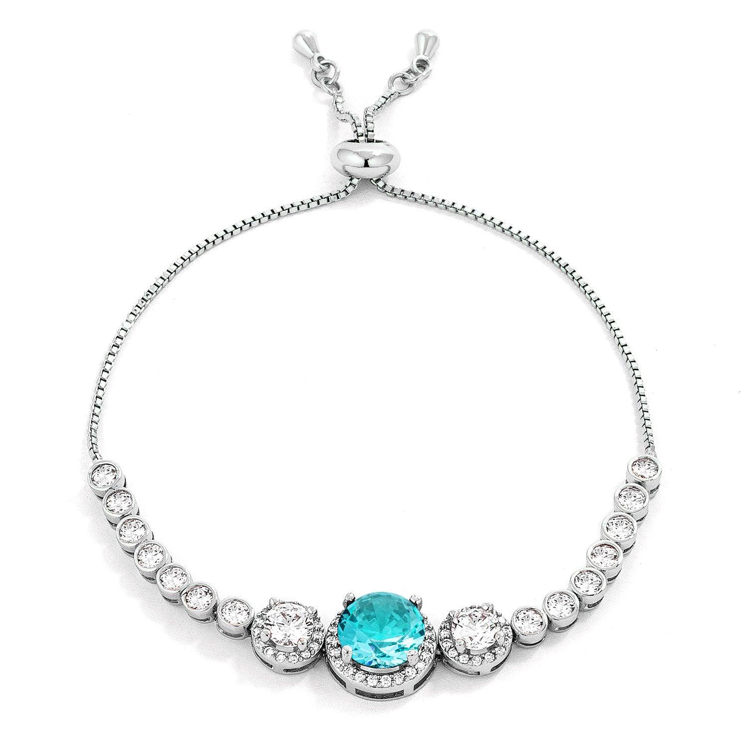 Adjustable Rhodium Plated Graduated Aqua CZ Bolo Style Tennis Bracelet - Flyclothing LLC