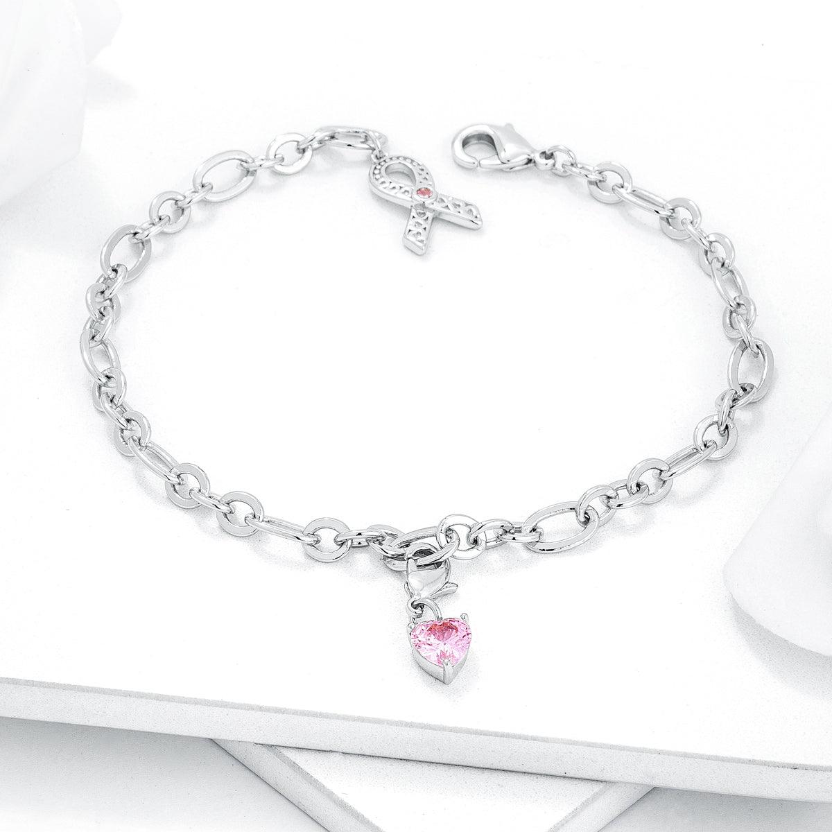 Breast Cancer Awareness Ribbon and Heart Charm Bracelet - Flyclothing LLC