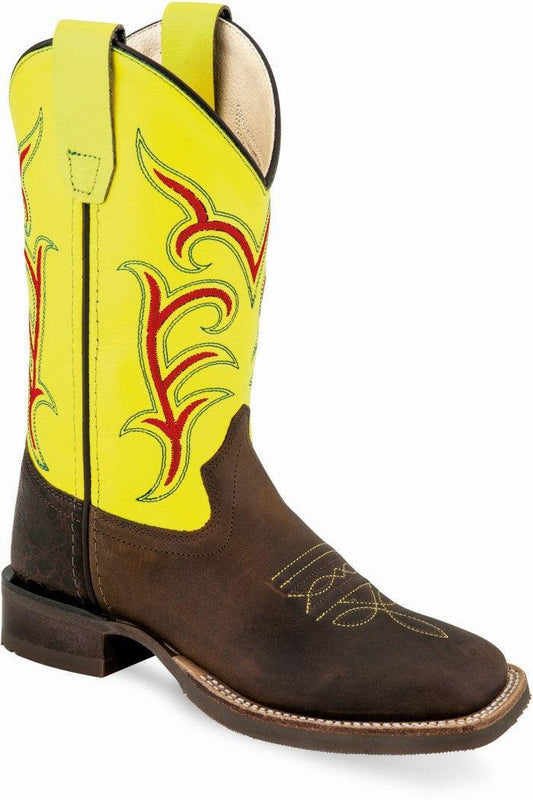 Old West Brown green Youth Square Round Toe Boots - Old West