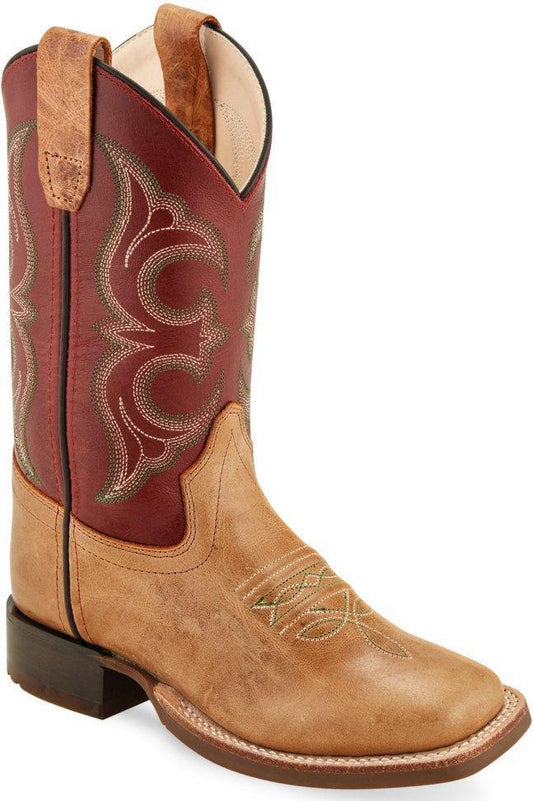 Old West Cactus Tan Red Youth Square Toe Boots - Old West