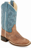 Old West Brown Bull Hide Print Sky Blue Suede Youth Square Toe Boots - Old West