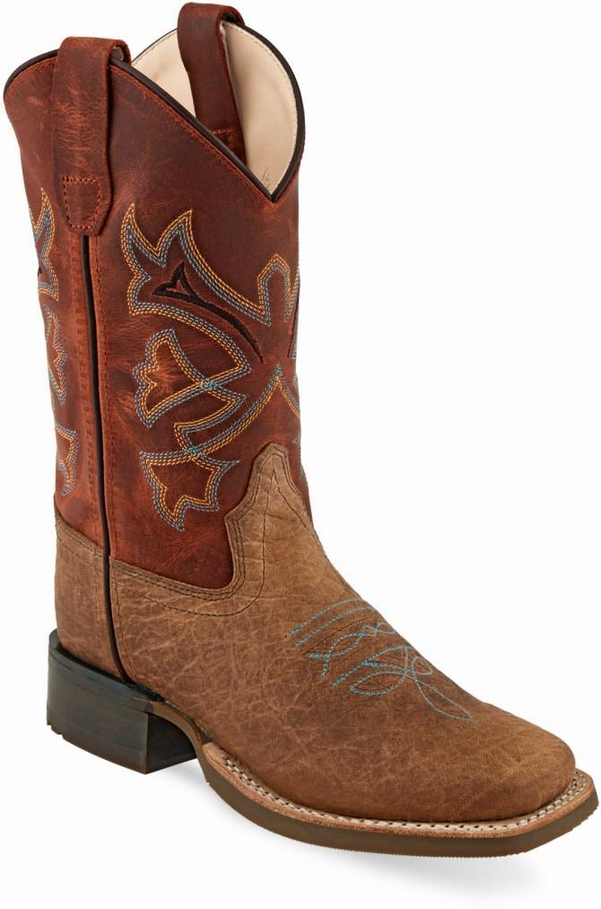 Old West Brown Burnt Red Waxy Childrens Square Toe Boots - Old West