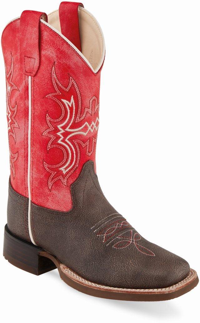 Old West Wipe Out Brown Dark Pink Childrens Square Toe Boots - Old West