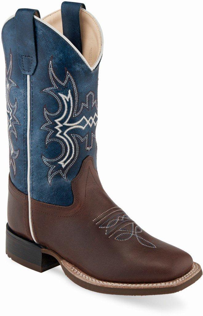 Old West Brown Green Waxy Childrens Square Toe Boots - Old West