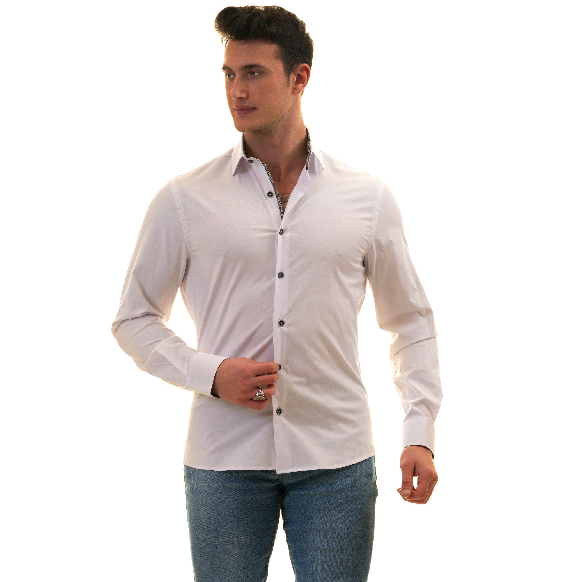 Gravity Homme Men's Long Sleeve Button Down / Pure White C11 - Flyclothing LLC