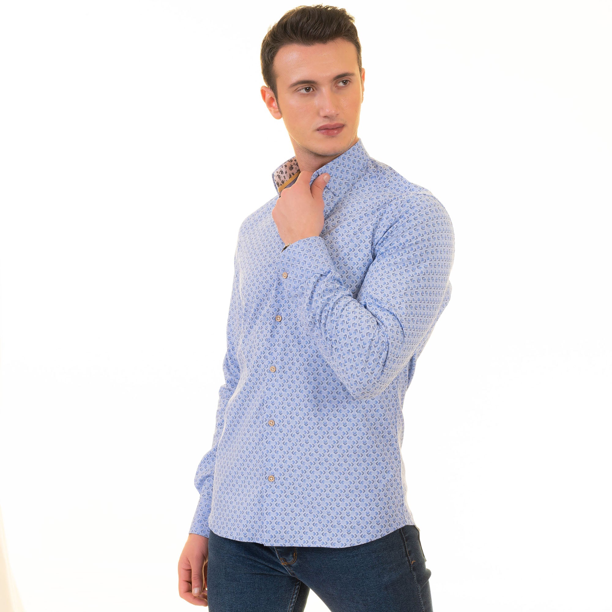 Gravity Homme Men's Long Sleeve Button Down / Blue Heaven C12 - Flyclothing LLC