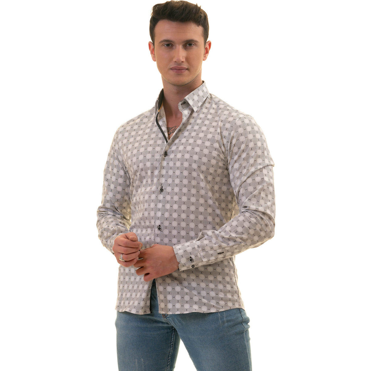 Gravity Homme Men's Long Sleeve Button Down / Shagreen Blanc C2 - Flyclothing LLC