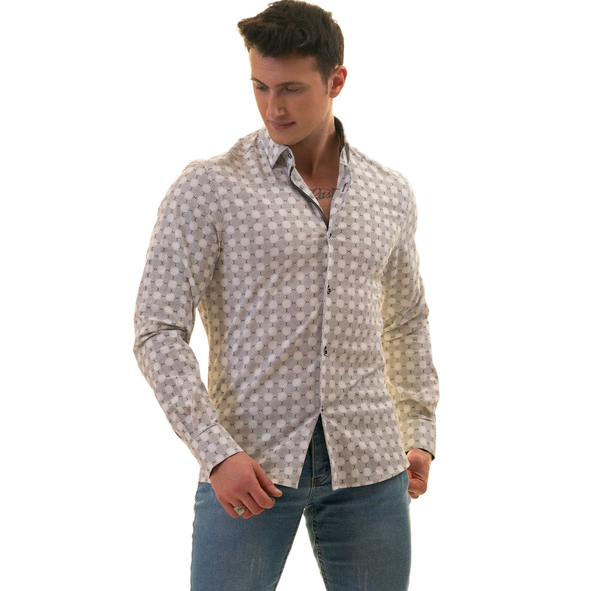 Gravity Homme Men's Long Sleeve Button Down / Shagreen Blanc C2 - Flyclothing LLC