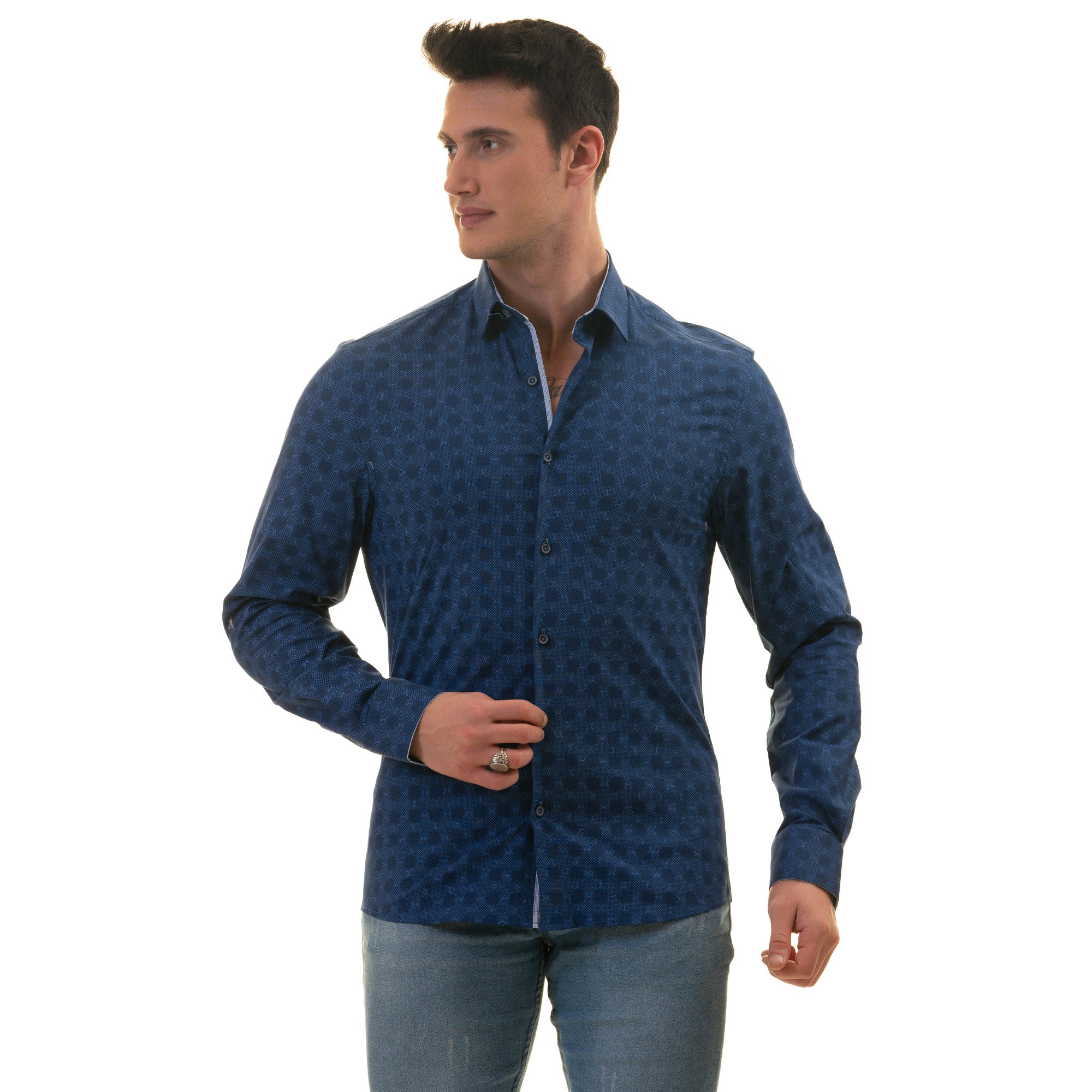 Gravity Homme Men's Long Sleeve Button Down / Incognito Blue C6 - Flyclothing LLC