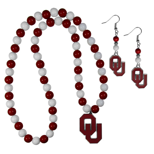 Oklahoma Sooners Fan Bead Earrings and Necklace Set - Flyclothing LLC