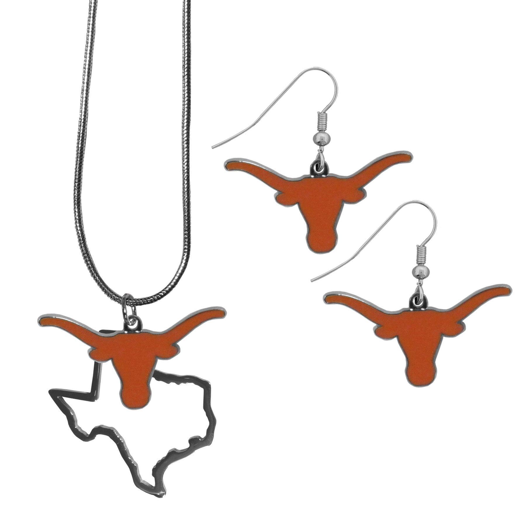 Texas Longhorns Dangle Earrings and State Necklace Set - Flyclothing LLC