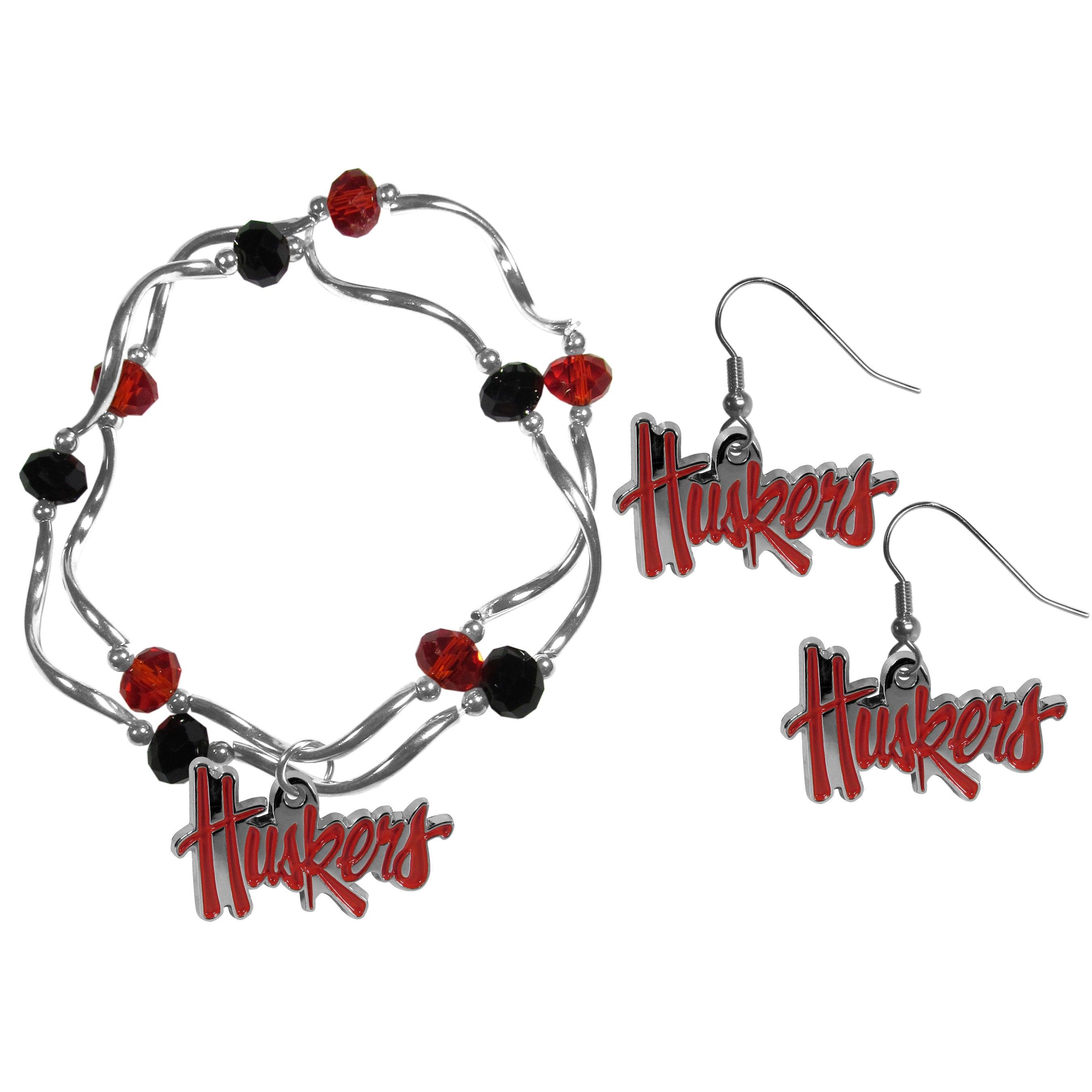 Nebraska Cornhuskers Dangle Earrings and Crystal Bead Bracelet Set - Flyclothing LLC