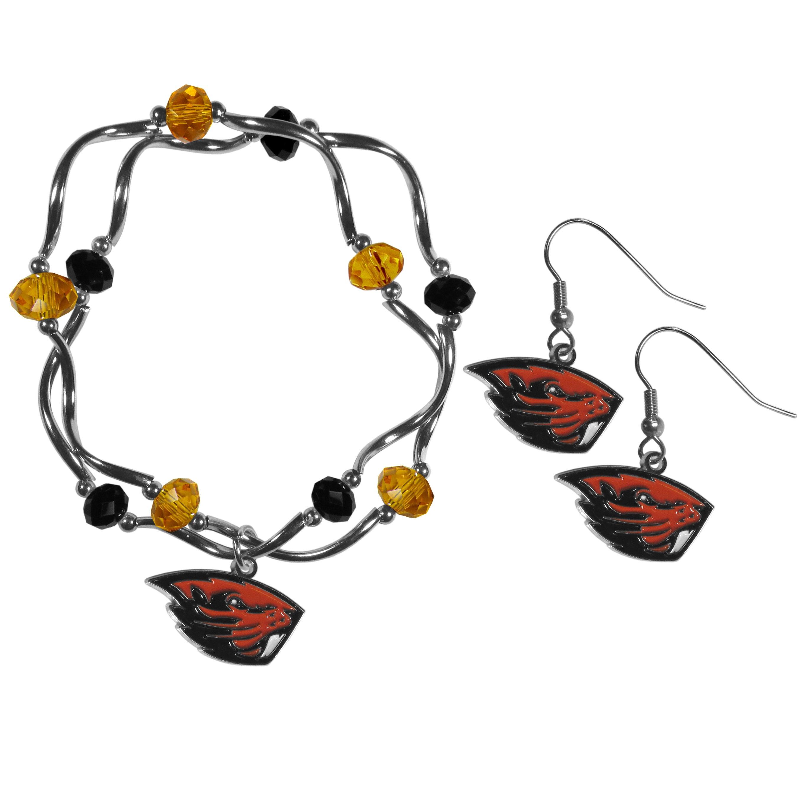 Oregon St. Beavers Dangle Earrings and Crystal Bead Bracelet Set - Flyclothing LLC