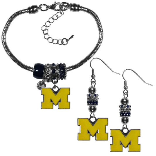 Michigan Wolverines Euro Bead Earrings and Bracelet Set - Siskiyou Buckle