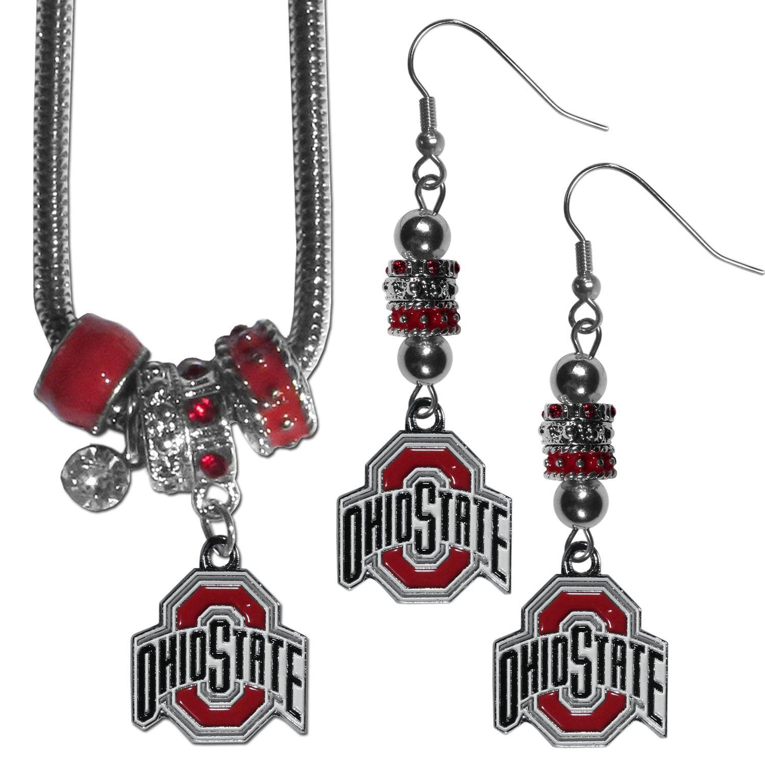 Ohio St. Buckeyes Euro Bead Earrings and Necklace Set - Flyclothing LLC