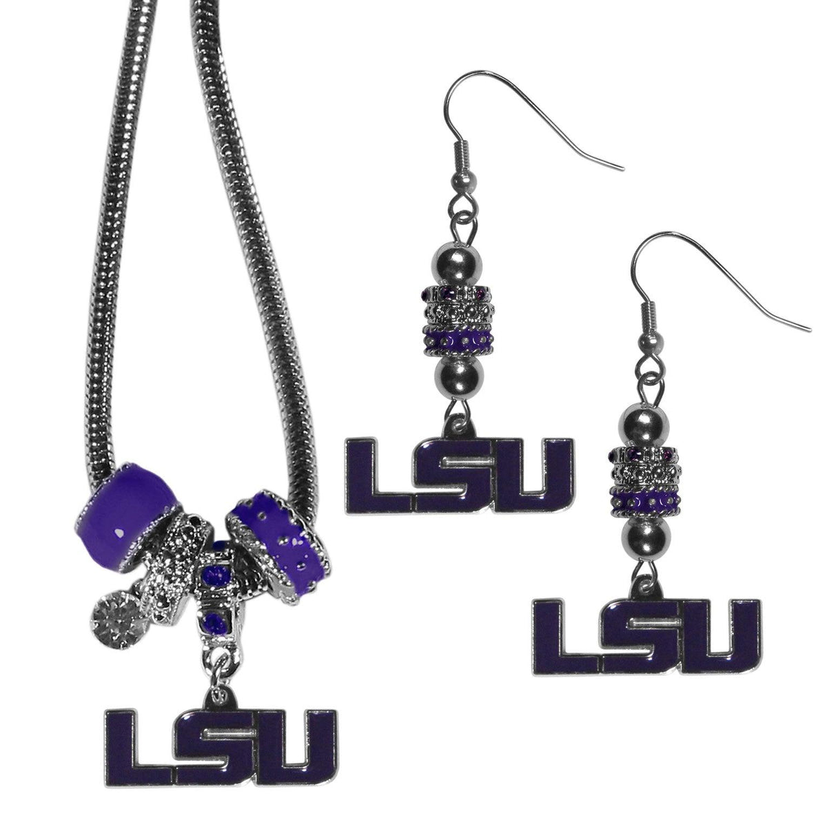 LSU Tigers Euro Bead Earrings and Necklace Set - Flyclothing LLC