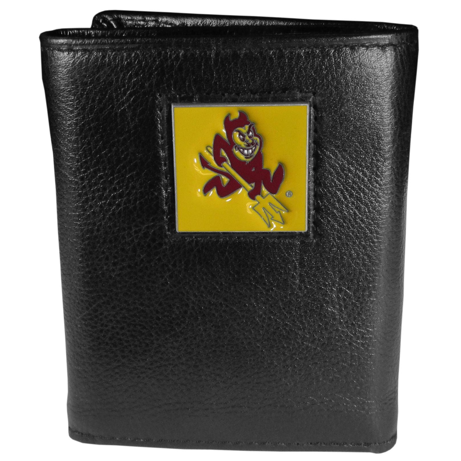 Arizona St. Sun Devils Deluxe Leather Tri-fold Wallet Packaged in Gift Box - Flyclothing LLC