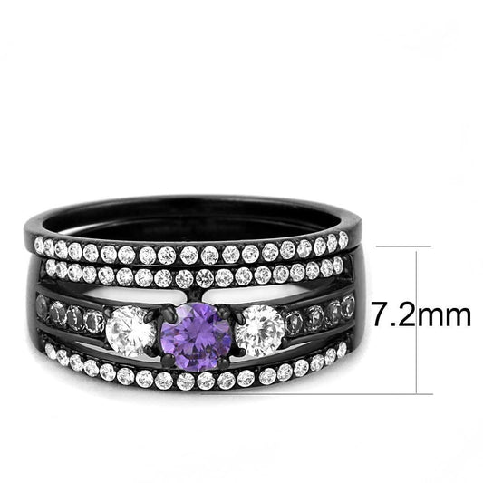 Alamode IP Black(Ion Plating) Stainless Steel Ring with AAA Grade CZ in Amethyst - Alamode