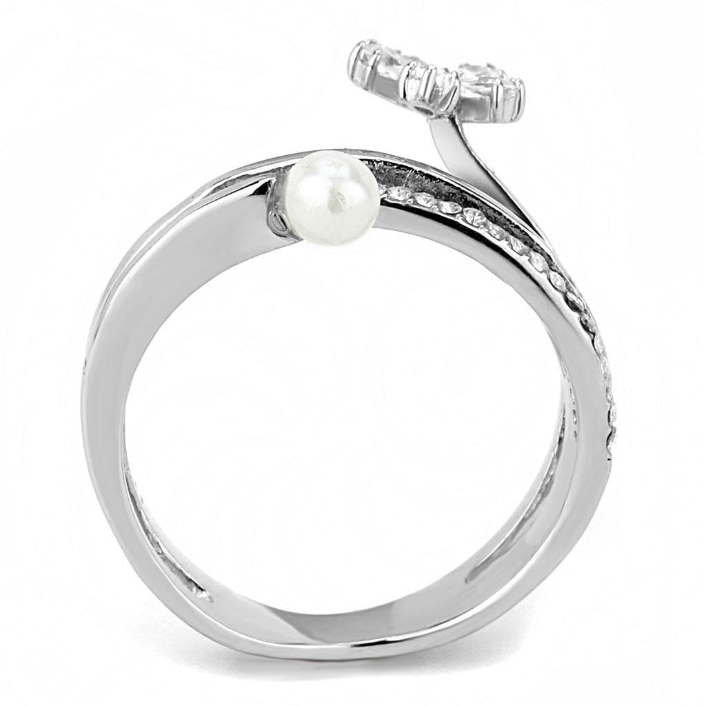 Alamode High polished (no plating) Stainless Steel Ring with Synthetic Pearl in White - Alamode