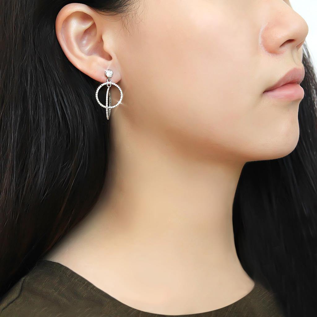 Alamode High polished (no plating) Stainless Steel Earrings with AAA Grade CZ in Clear - Flyclothing LLC