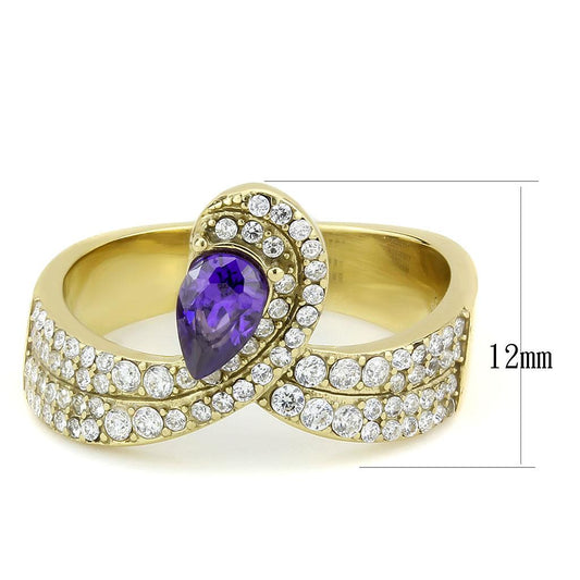 Alamode IP Gold(Ion Plating) Stainless Steel Ring with AAA Grade CZ in Tanzanite - Flyclothing LLC