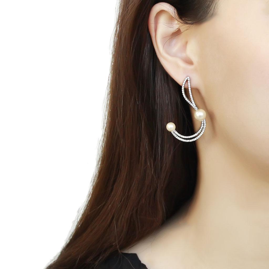 Alamode High polished (no plating) Stainless Steel Earrings with Synthetic Pearl in White - Flyclothing LLC