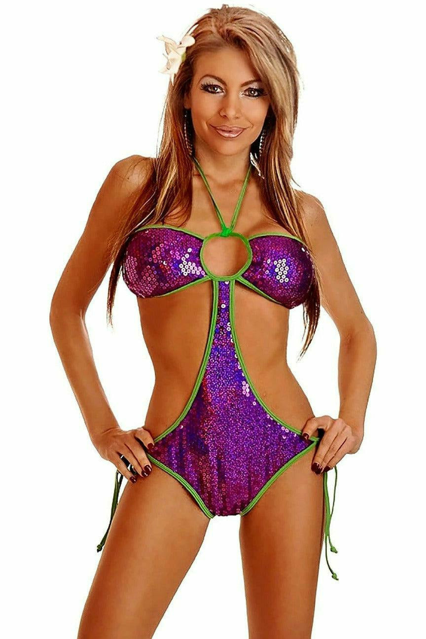 Daisy Corsets Purple Sequin Pucker Back Monokini