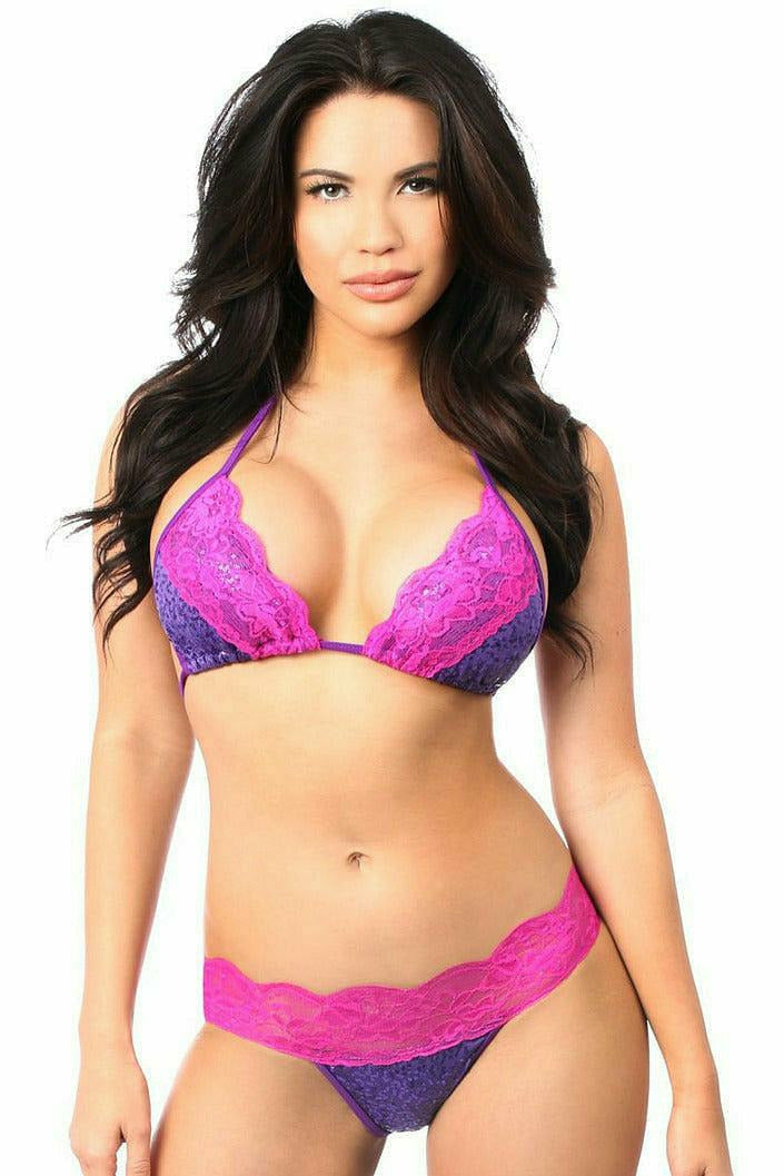 Daisy Corsets Purple Sequin Pucker Back Bikini w/Fuchsia Lace