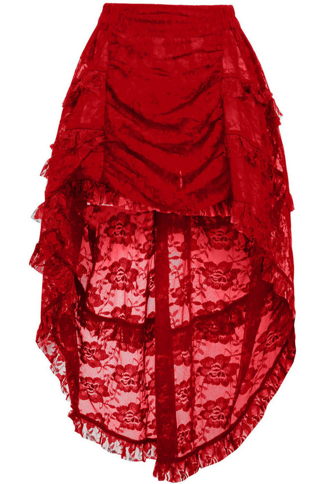 Daisy Corsets Red Lace Ruched Front High Low Lace Skirt