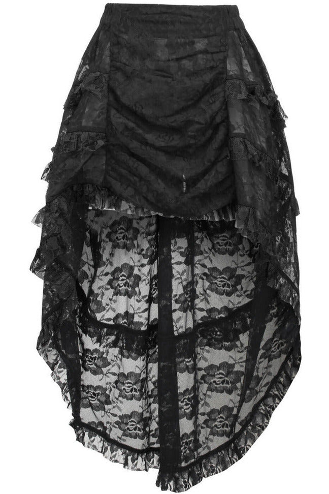 Daisy Corsets Black Lace Ruched Front High Low Lace Skirt