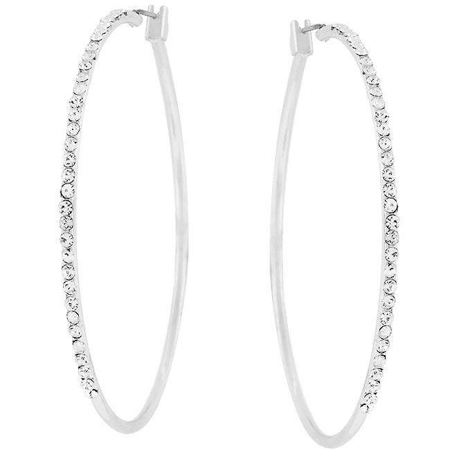 2 Inch Rhodium Plated Finish Cubic Zirconia Hoop Earrings - JGI