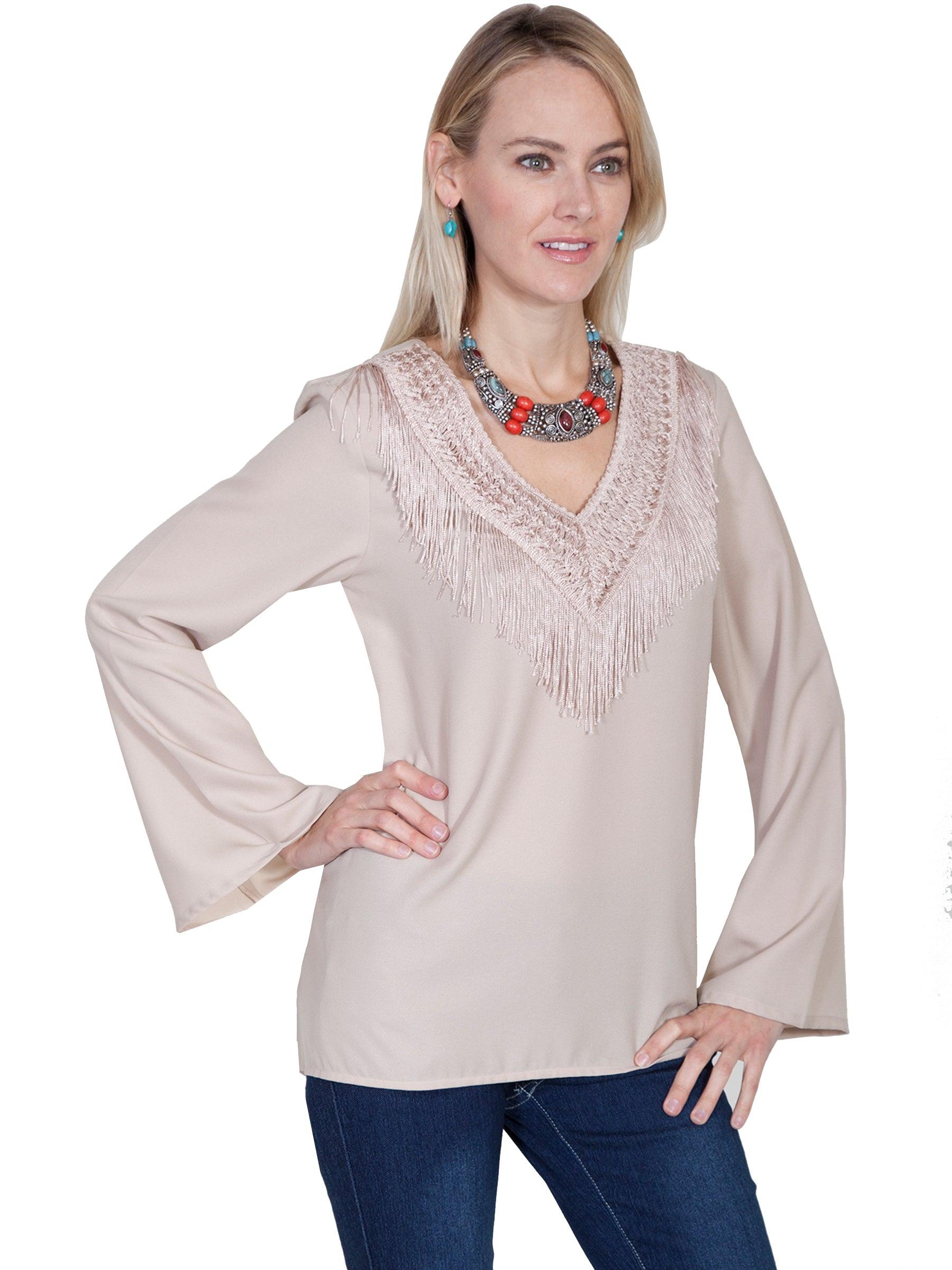 Scully STONE V-NECK BLOUSE W/FRINGE & BELLSLEEVES - Flyclothing LLC