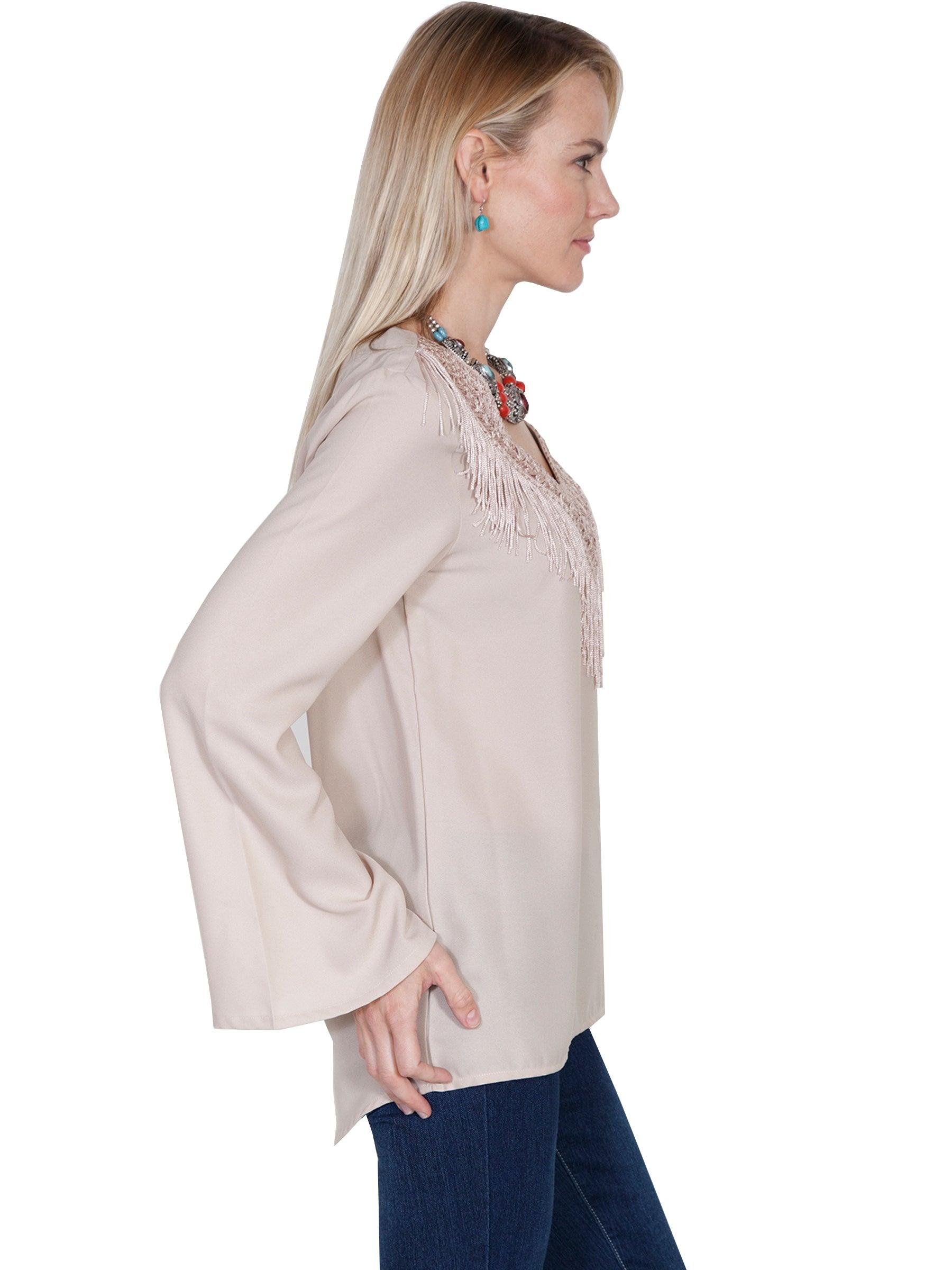 Scully STONE V-NECK BLOUSE W/FRINGE & BELLSLEEVES - Flyclothing LLC