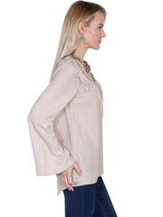 Scully STONE V-NECK BLOUSE W/FRINGE & BELLSLEEVES - Flyclothing LLC