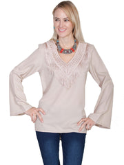 Scully STONE V-NECK BLOUSE W/FRINGE & BELLSLEEVES - Flyclothing LLC