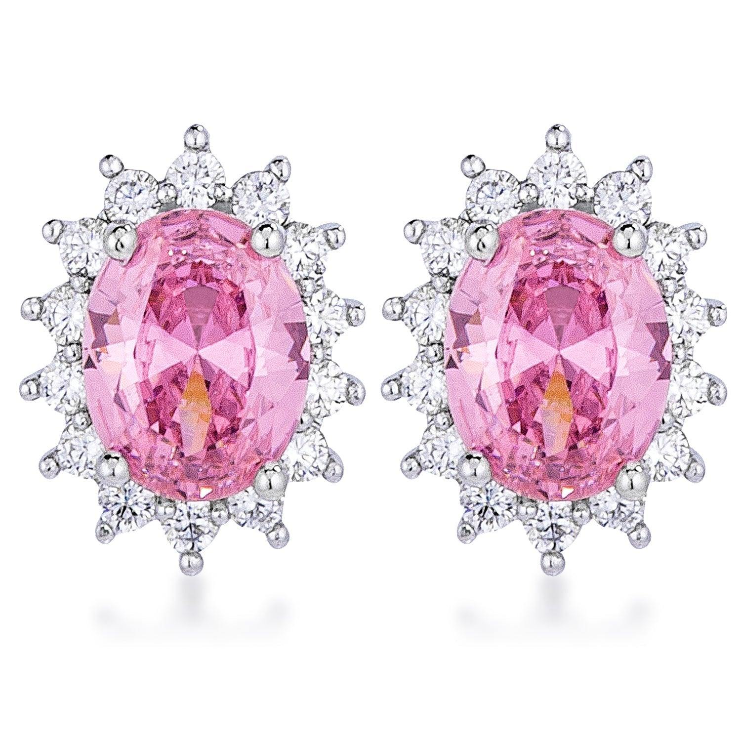 Rhodium Plated Pink Petite Royal Oval Earrings - Flyclothing LLC