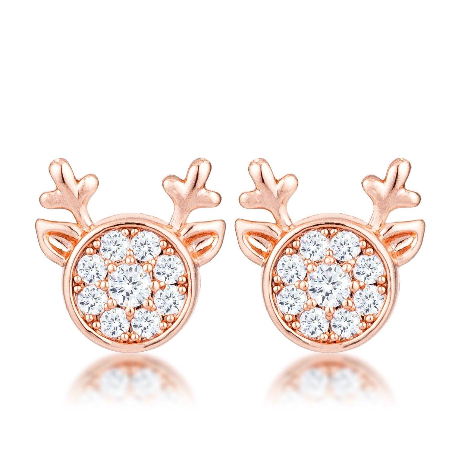 18k Rose Gold Plated Clear CZ Reindeer Earrings - Flyclothing LLC