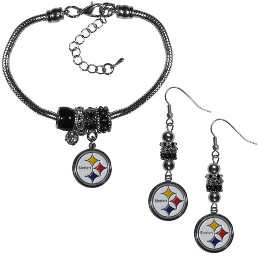 Pittsburgh Steelers Euro Bead Earrings and Bracelet Set - Siskiyou Buckle