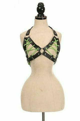 Daisy Corsets Black Faux Leather Lace-Up Bra Top - Neon Green