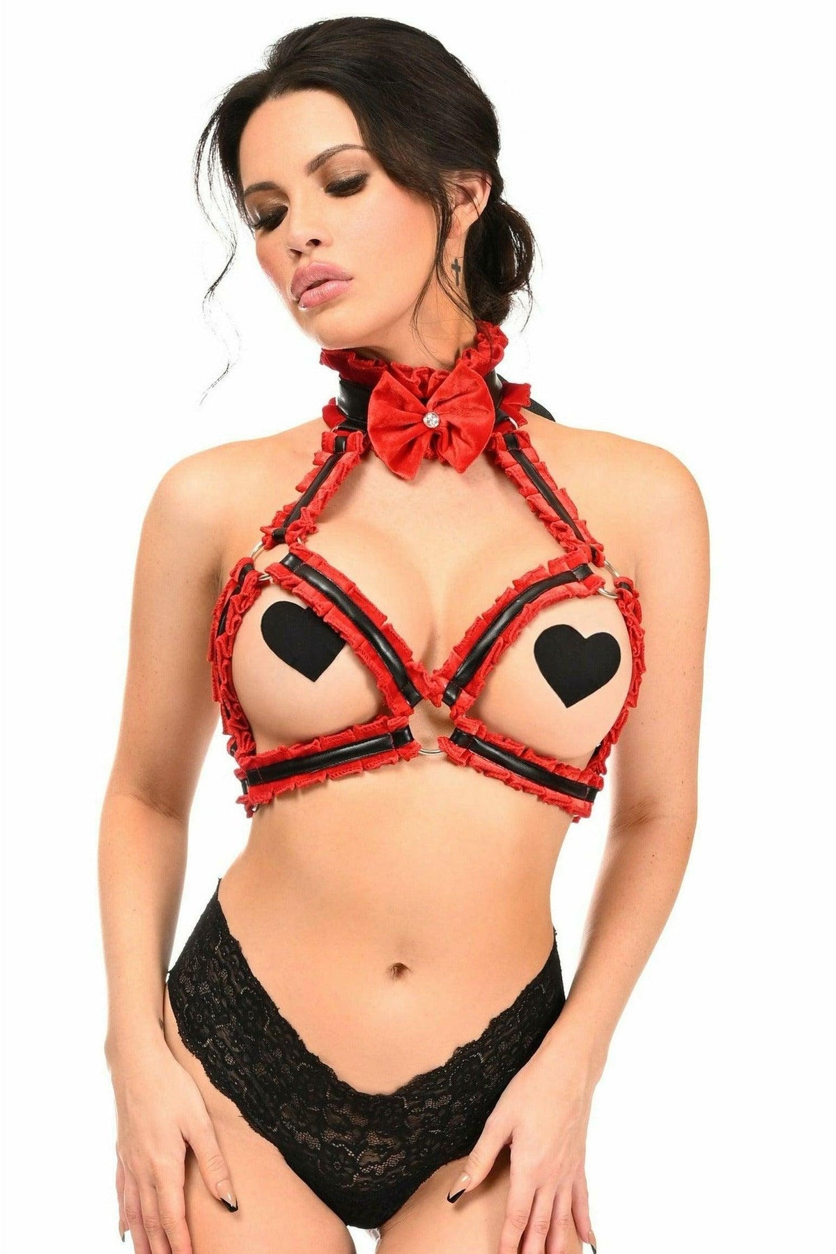 Kitten Collection Red Velvet & Faux Leather Triangle Top Body Harness - Flyclothing LLC